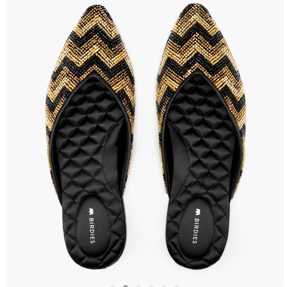 NIB | BIRDIES The SWAN Slide Mule Black Gold Deco Beaded Chevron